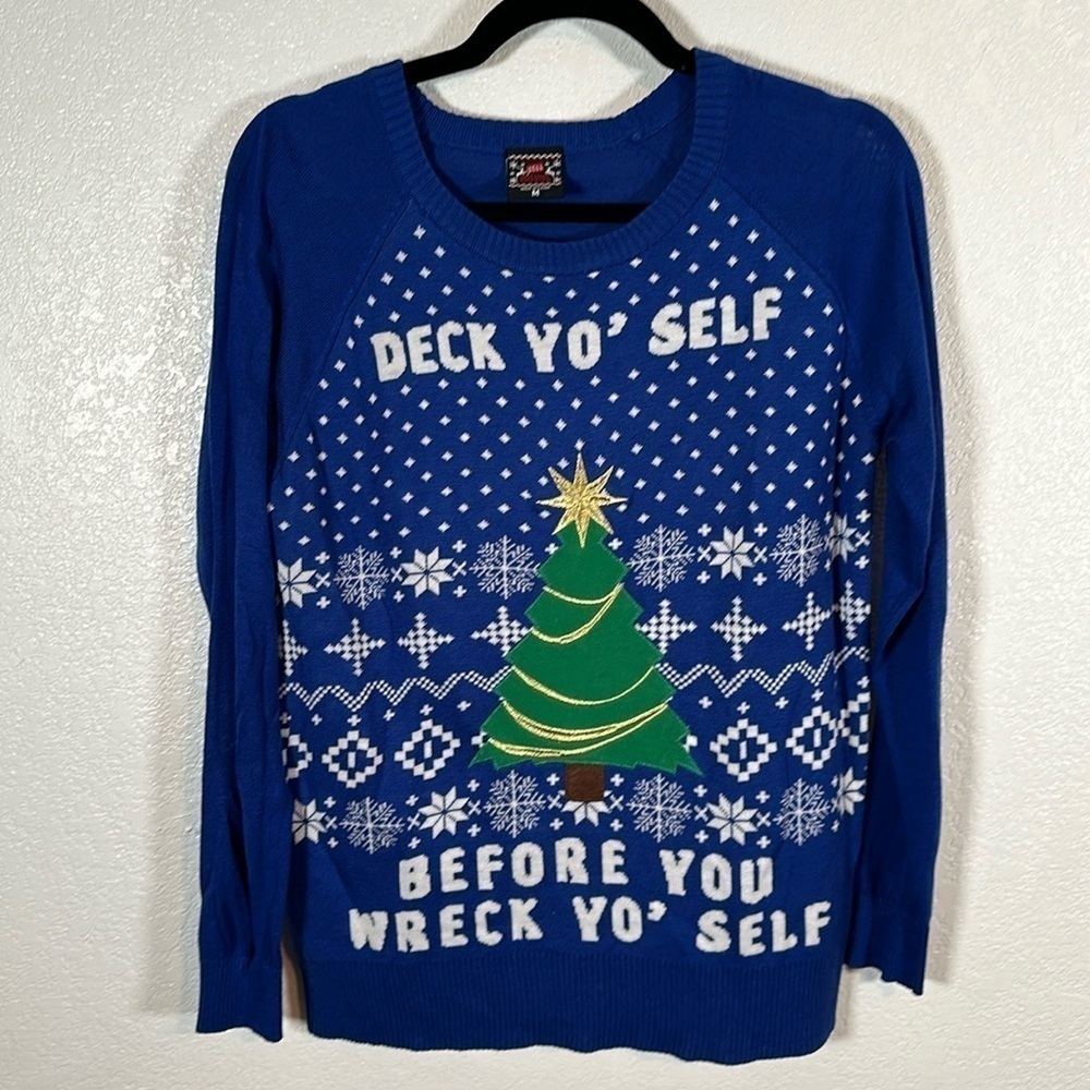 Well Worn Ugly Christmas Sweater Deck Yo Self Before You Wreck Yourself Size Med